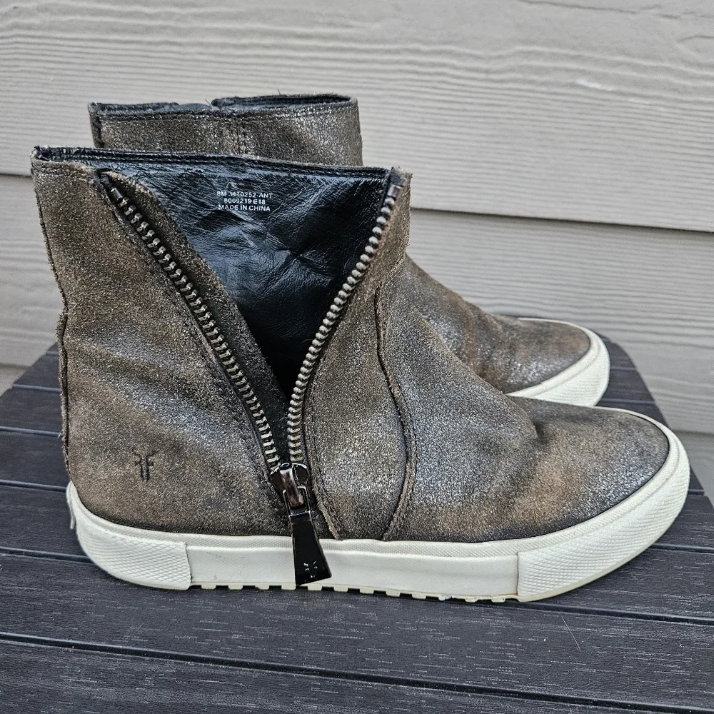 Frye Gia Side Zip Leather High Top Sneakers Silver Bronze Gold Metallic Size 8